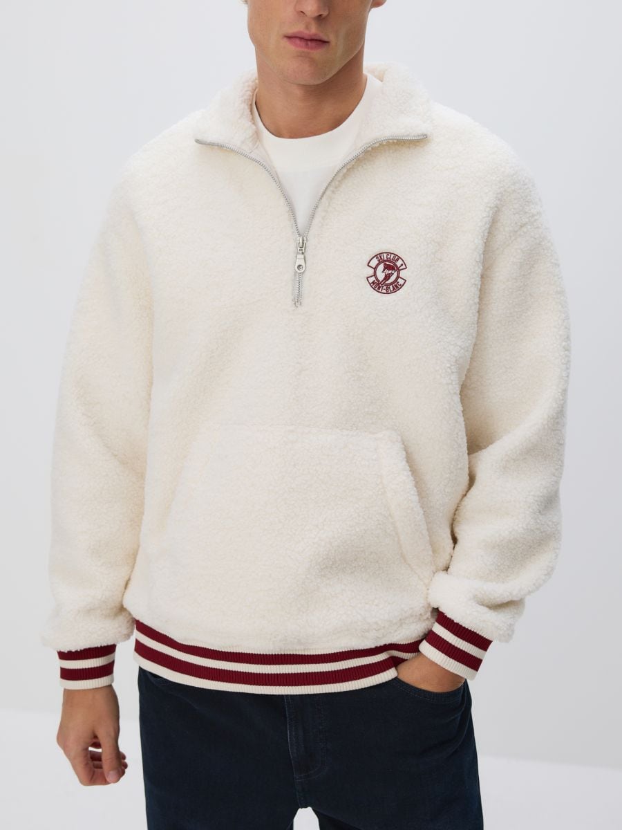 Fleece sweatshirt with stand up collar - cream - RESERVED