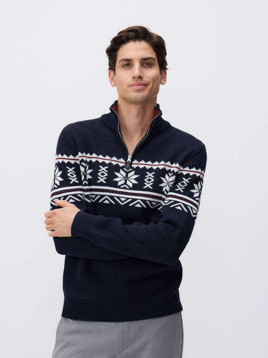 Zipped turtle-neck sweater - navy - RESERVED