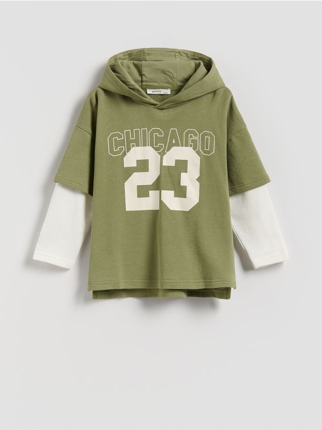 Reserved - Longsleeve din bumbac cu glugă - verde-oliv