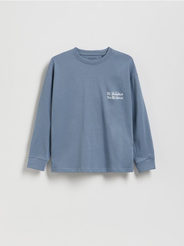 Reserved - Tricou din bumbac, cu mânecă lungă și imprimeu - Albastru metalizat