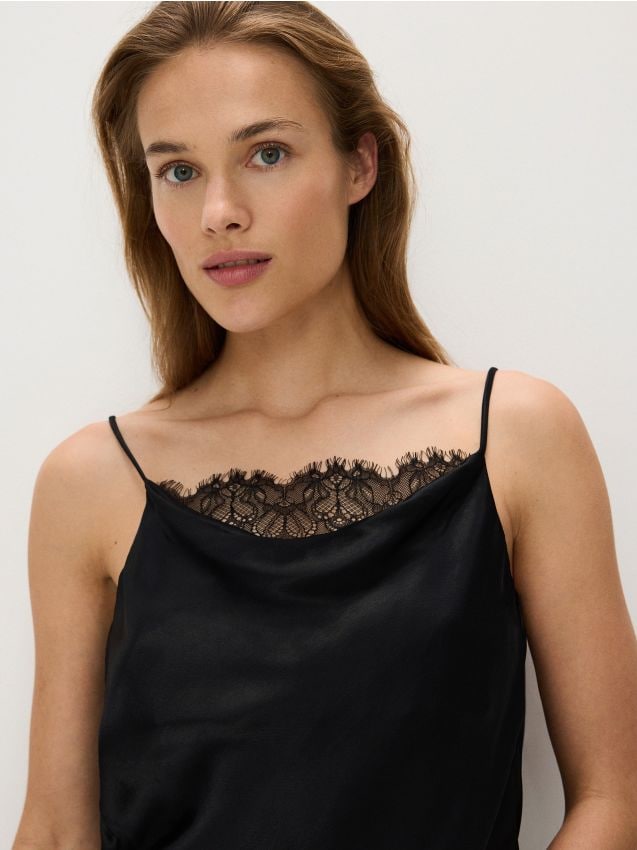 Reserved - top din satin cu detalii din dantelă - negru