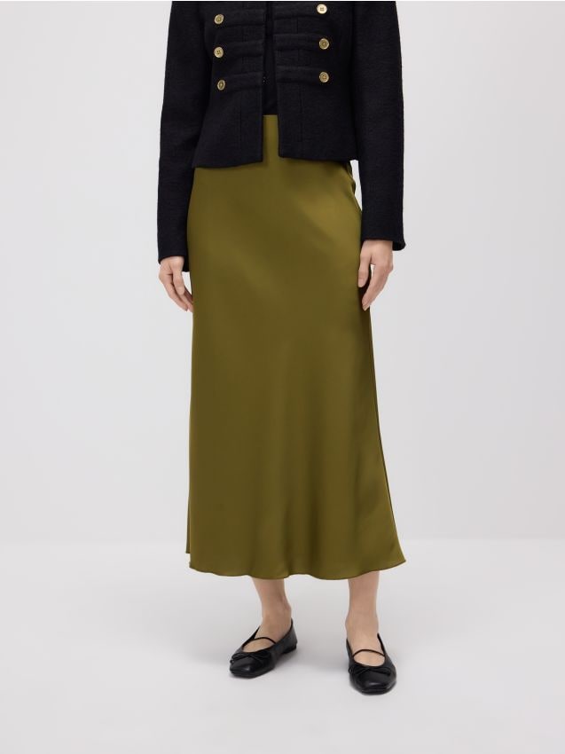 Reserved - Fustă midi din satin - verde-oliv