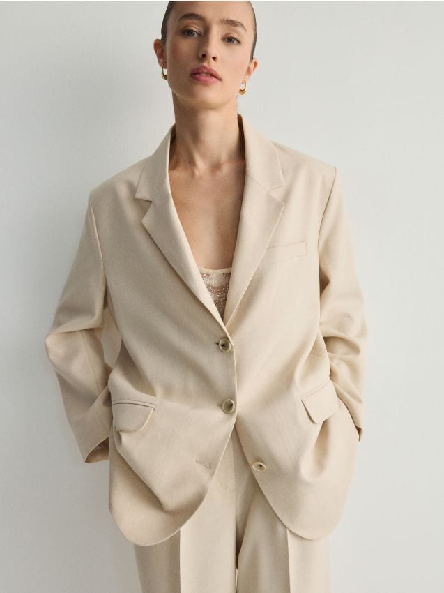 Reserved - blazer oversized, cu un singur nasture - bej