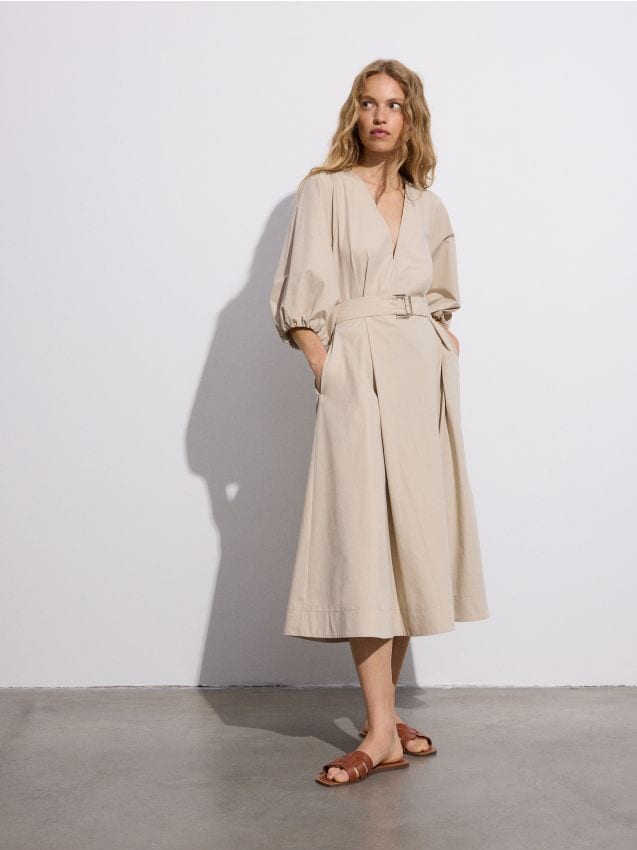 Reserved - rochie midi cu curea - galben-pal