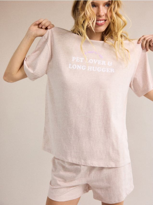 Reserved - Set pijama din două piese, cu imprimeu - galben-pal