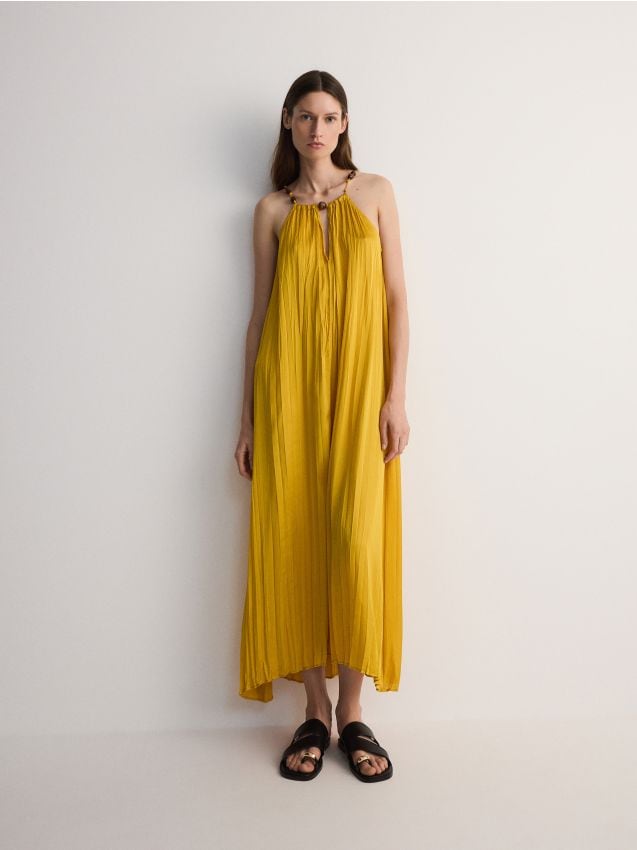 Reserved - rochie maxi cu decolteu tip halter - galben-muștar