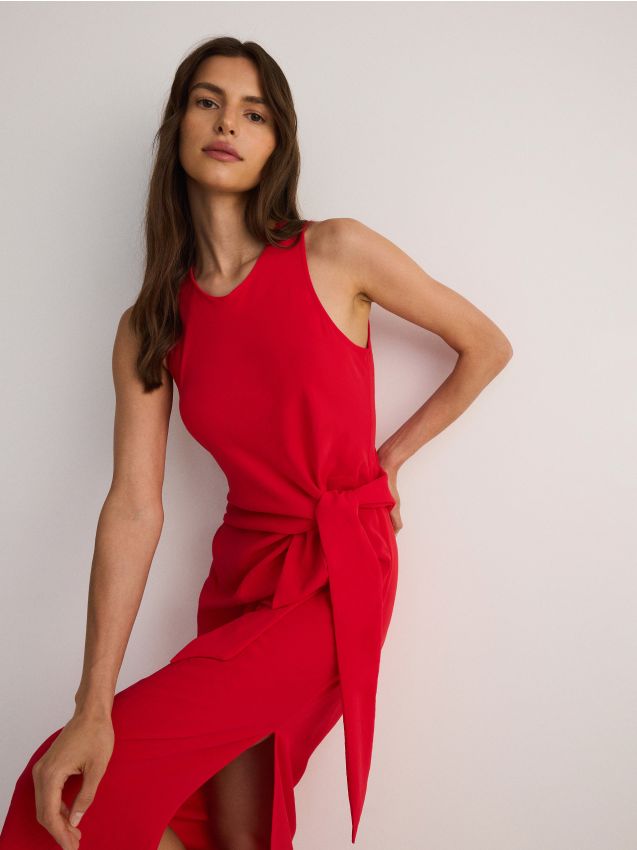 Reserved - rochie midi legată în talie - roșu