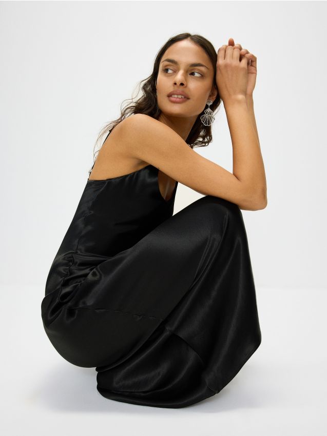 Reserved - rochie maxi din viscoză satinată - negru