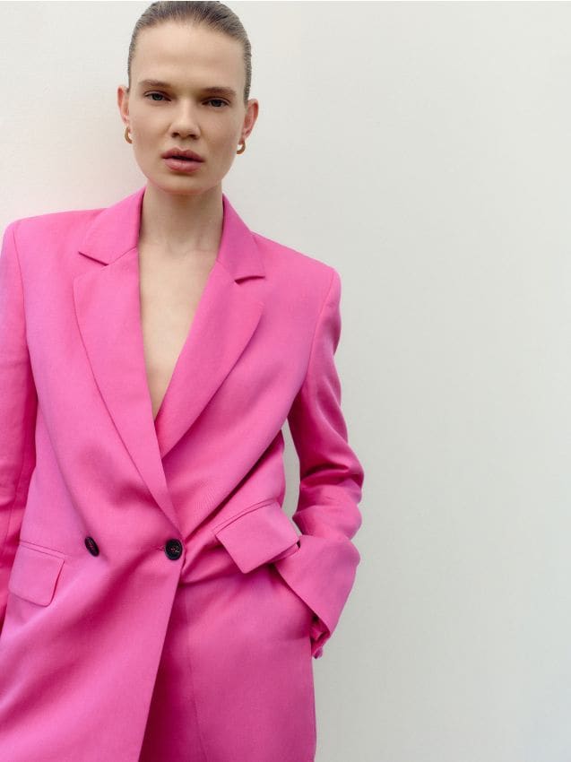 Reserved - blazer cu rând dublu de nasturi cu adaos de in - violet-orhidee
