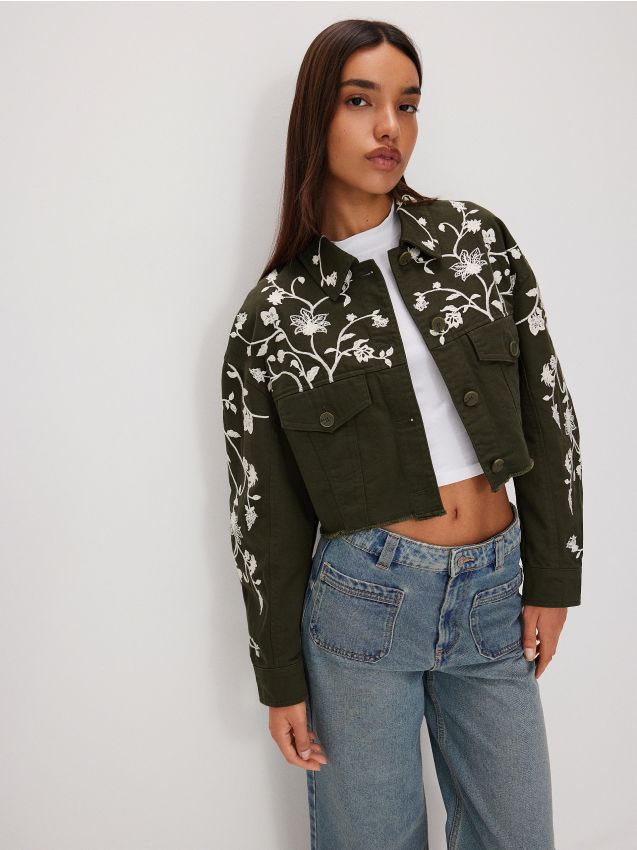 Reserved - geacă din denim cu detalii brodate - verde