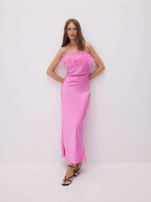 Satin dress with natural feathers - RESERVED