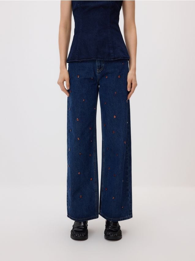 Reserved - Jeansi wide-leg cu aplicații - bleumarin