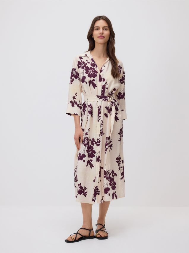 Reserved - Rochie tip cămașă midi, cu centură - crem Reserved - Rochie tip cămașă midi, cu centură - crem