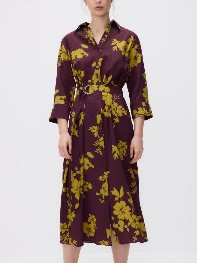Reserved - Rochie tip cămașă midi, cu centură - multicolor