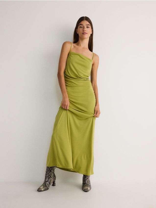 Reserved - Rochie maxi cu detalii petrecute - verde-gălbui