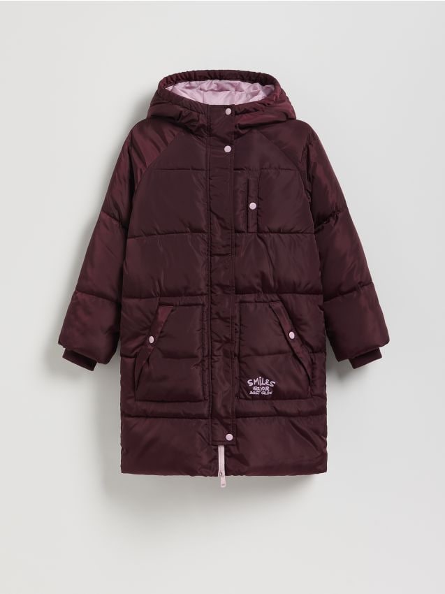 Reserved - Palton lung matlasat cu glugă - maro