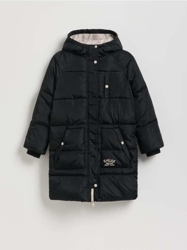 Reserved - Palton lung matlasat cu glugă - negru