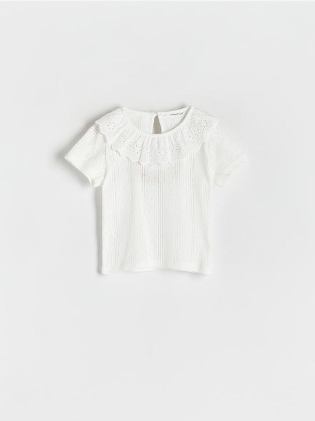 Reserved - tricou din bumbac, cu volănașe - crem