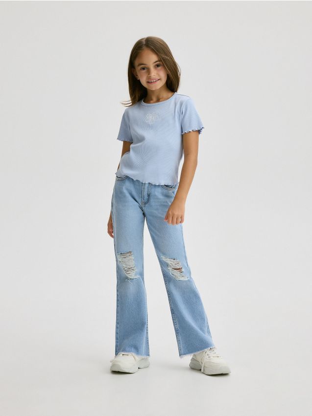 Reserved - tricou cu broderie - albastru-pal