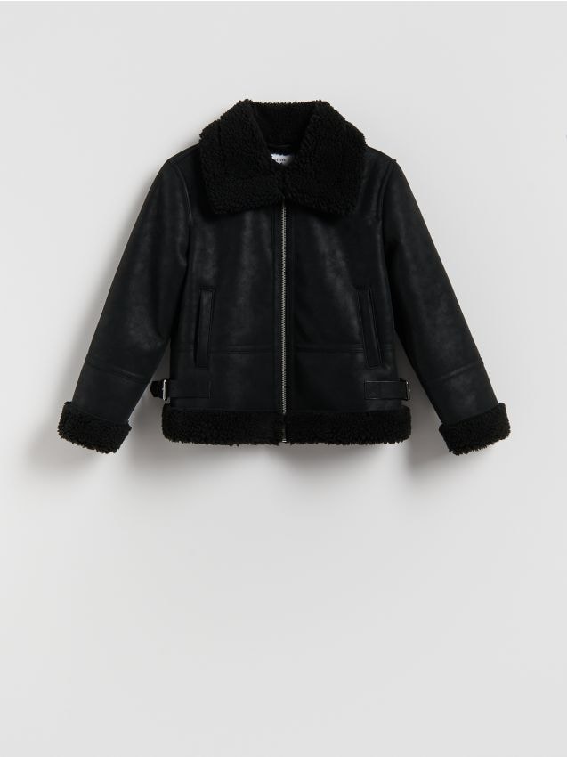 Ocieplana kurtka z imitacji skóry Kolor czarny - RESERVED - 266EX-99X