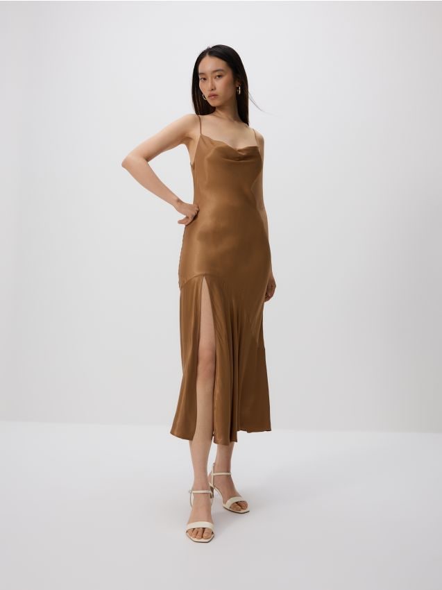Reserved - Rochie midi din satin - brun-auriu
