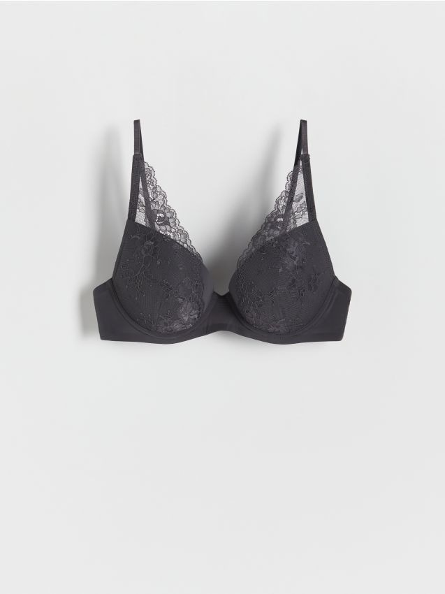 Reserved - Sutien push-up cu dantelă - negru-antracit