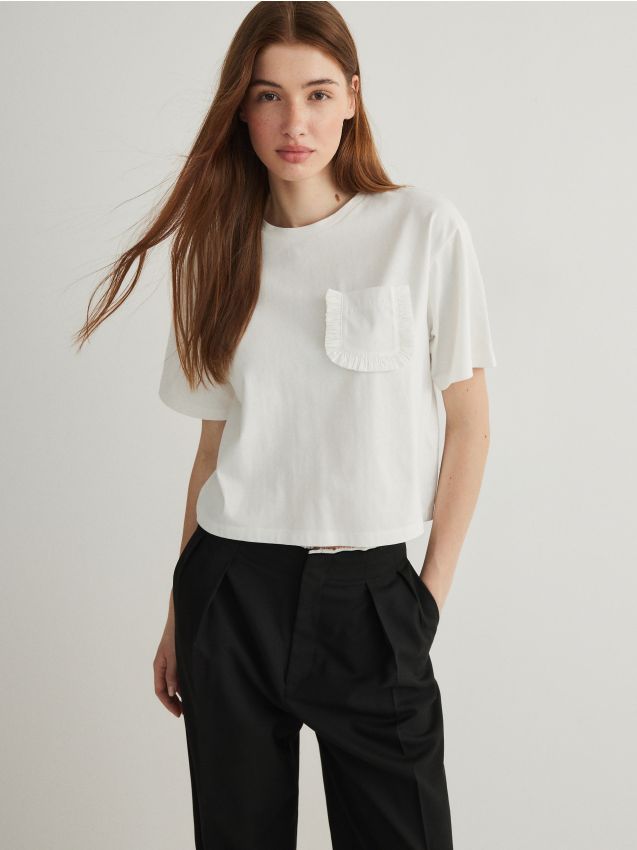 Reserved - tricou boxy cu buzunar - crem