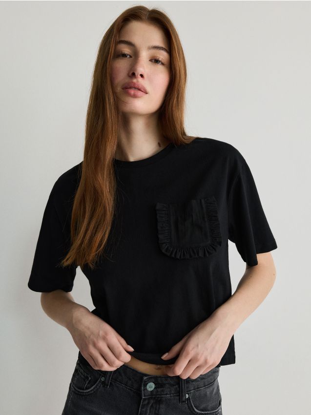 Reserved - tricou boxy cu buzunar - negru
