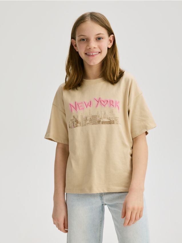 Reserved - Tricou din bumbac cu aplicații - bej Reserved - Tricou din bumbac cu aplicații - bej
