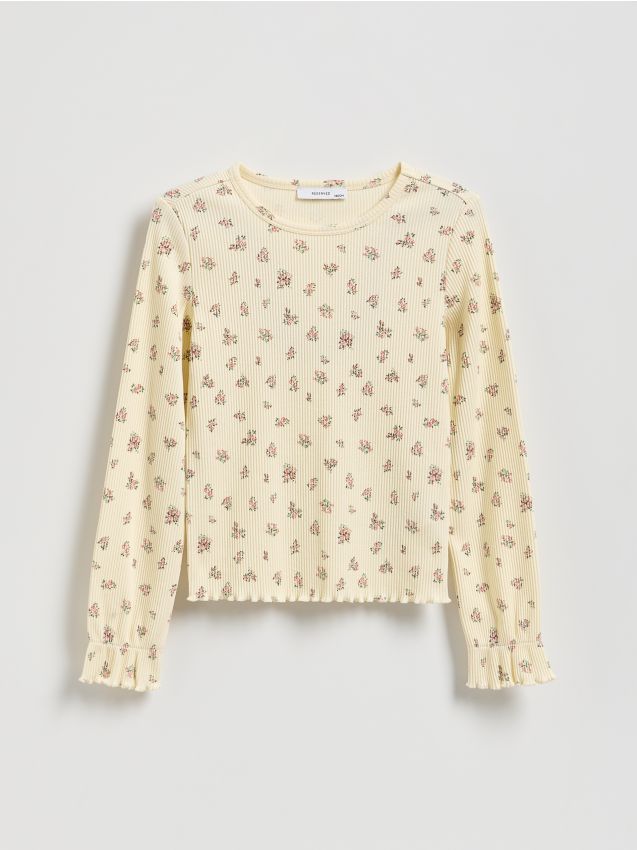 Reserved - Tricou cu mânecă lungă din tricot striat cu model floral - nude