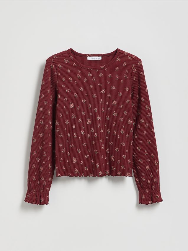 Reserved - Tricou cu mânecă lungă din tricot striat cu model floral - cafeniu