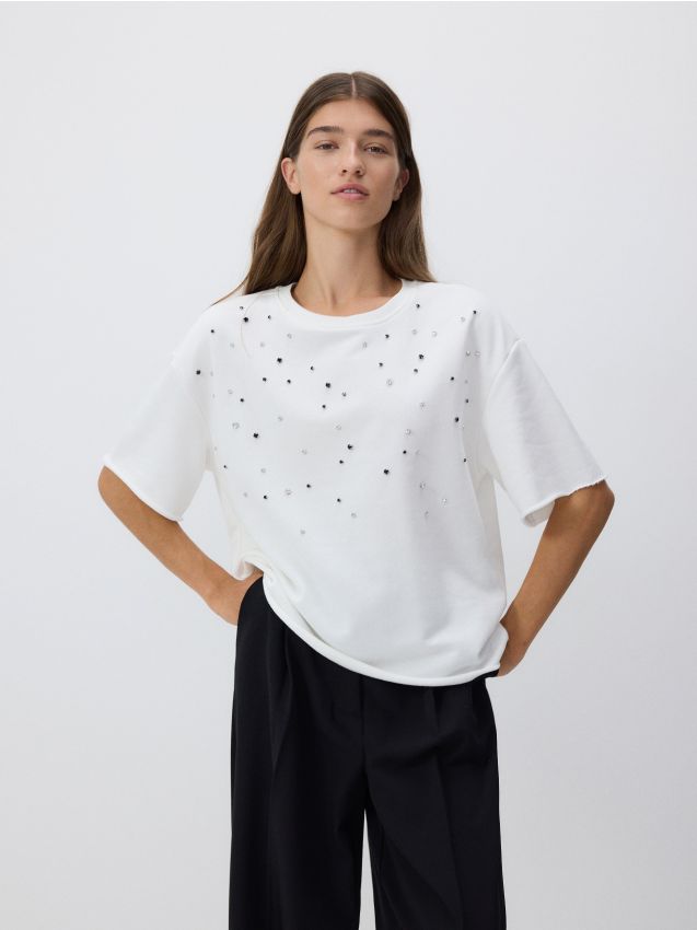 Reserved - Tricou oversized cu aplicații - alb