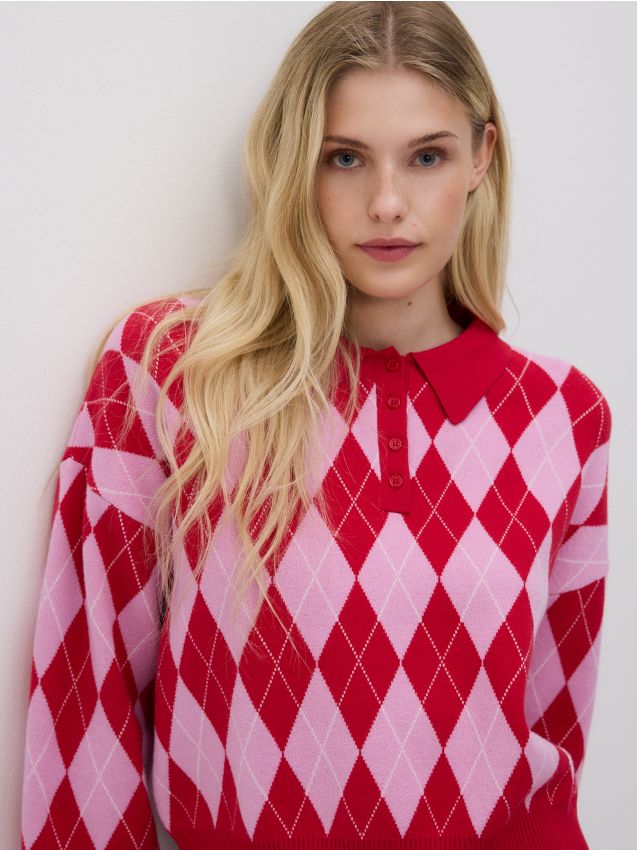 Reserved - Pulover cu model și guler - multicolor