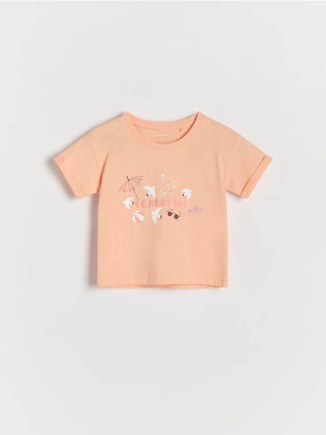 Reserved - tricou din bumbac cu imprimeu - roz-piersică