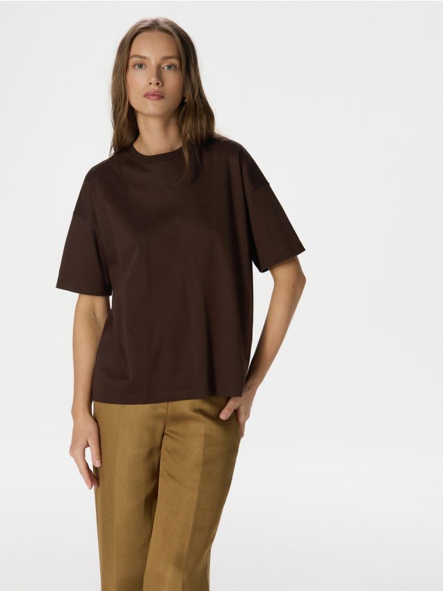 Reserved - tricou oversized cu adaos de bumbac mercerizat - maro-închis