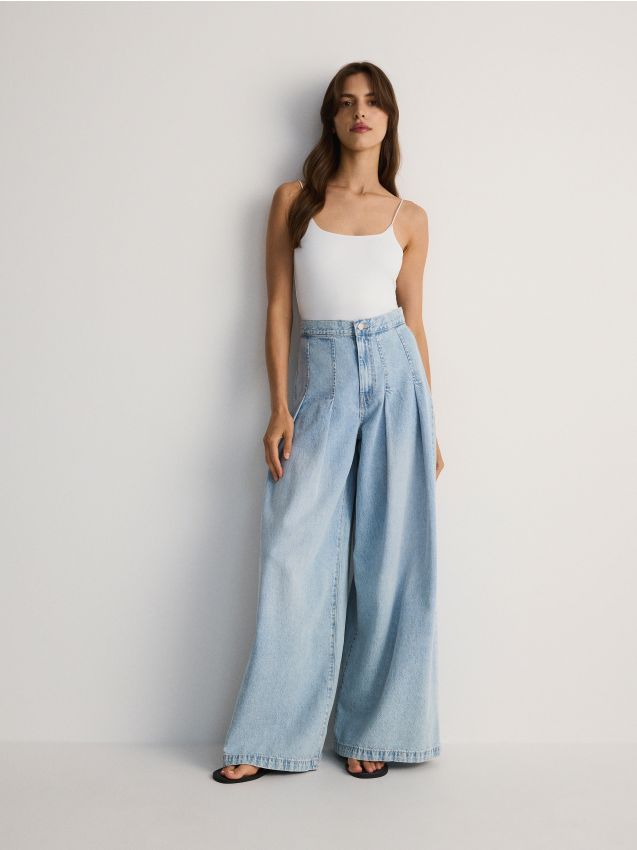 Reserved - blugi wide leg cu pliuri - albastru