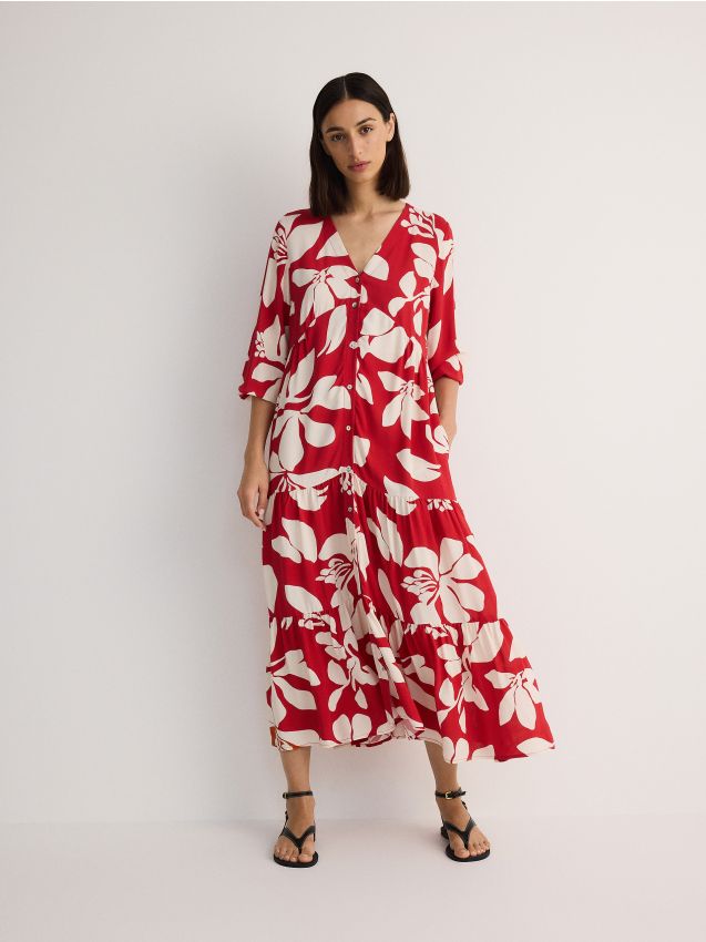 Reserved - rochie midi cu model - roșu