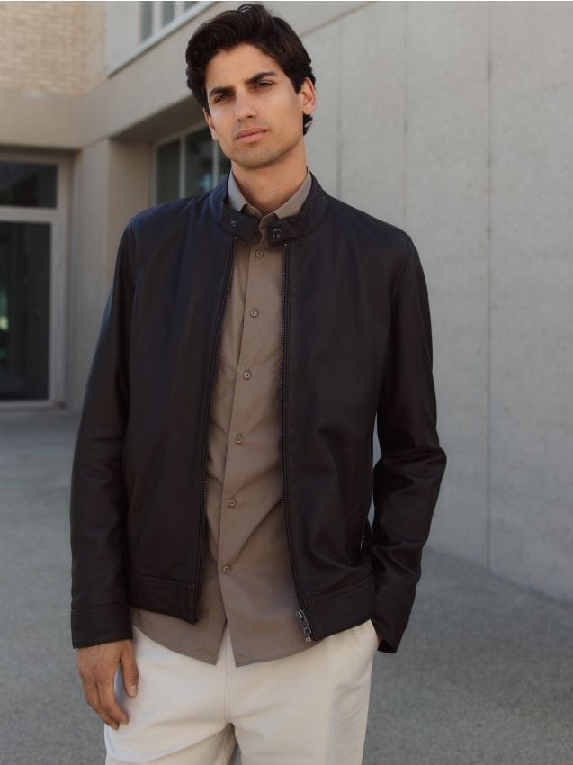 Leather jacket with stand up collar - RESERVED