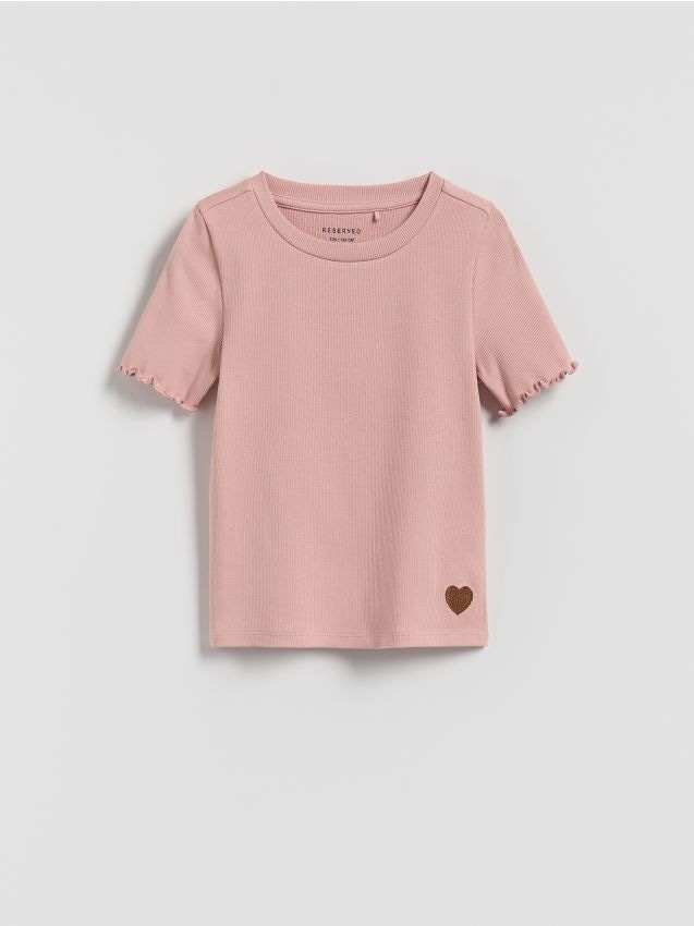 Reserved - Tricou cu detaliu brodat din tricot striat - roz