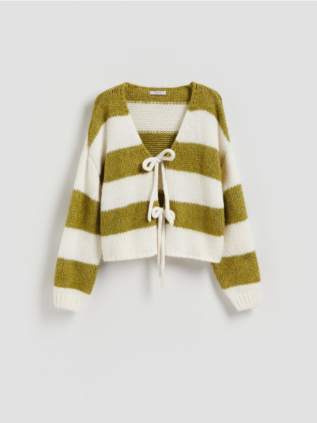 Reserved - Cardigan cu șnur decorativ - verde-oliv deschis