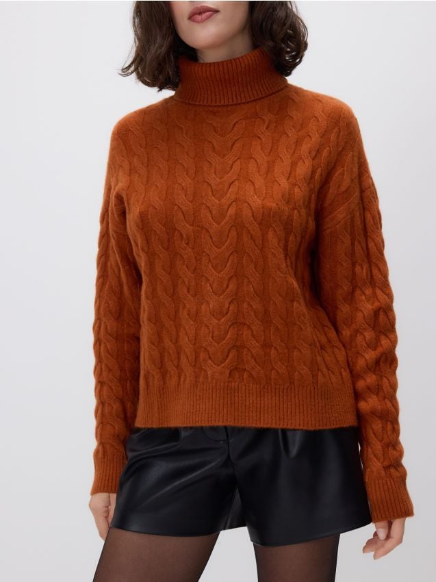 Reserved - Pulover cu guler rulat și model decorativ - arămiu