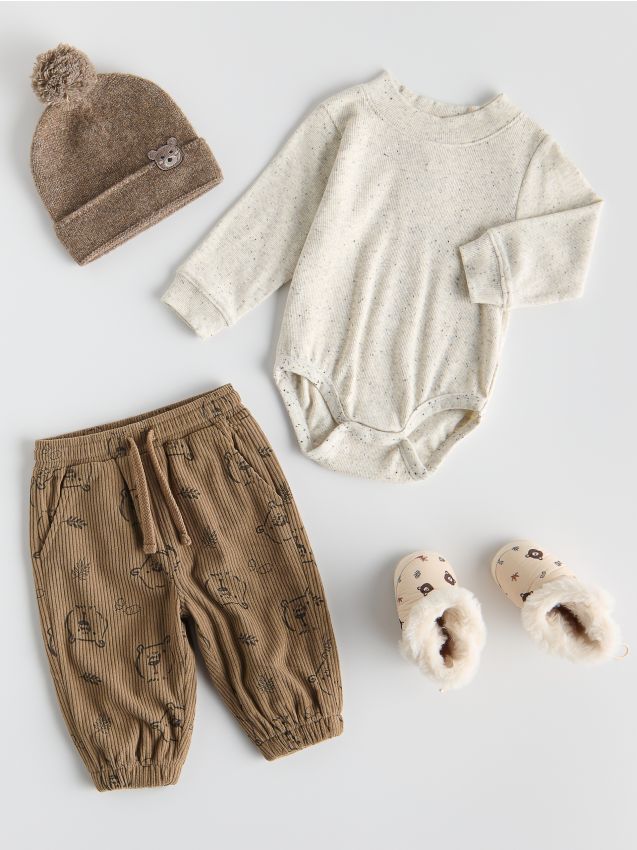 Reserved - Pantaloni din catifea corduroy cu print - brun-auriu