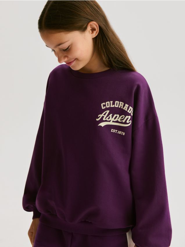 Reserved - Hanorac din bumbac, cu imprimeu și dungi laterale - violet-închis