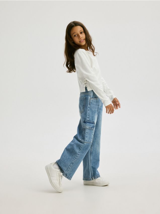 Reserved - blugi cargo wide leg - albastru