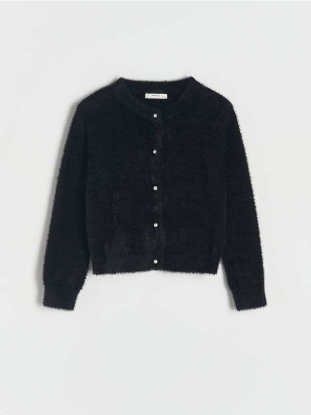 Reserved - Cardigan pufos, cu nasturi decorativi - negru