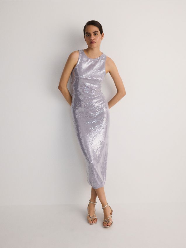 Reserved - rochie maxi cu paiete - gri-neutru