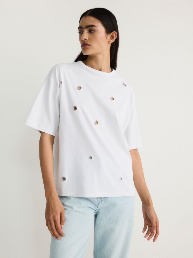 Reserved - tricou oversized cu ocheți - crem