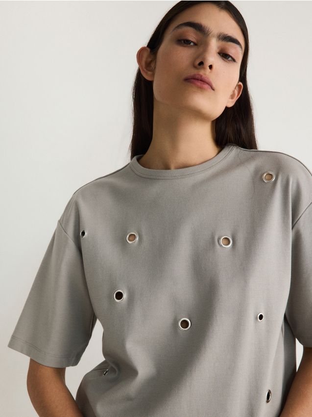 Reserved - tricou oversized cu ocheți - gri deschis