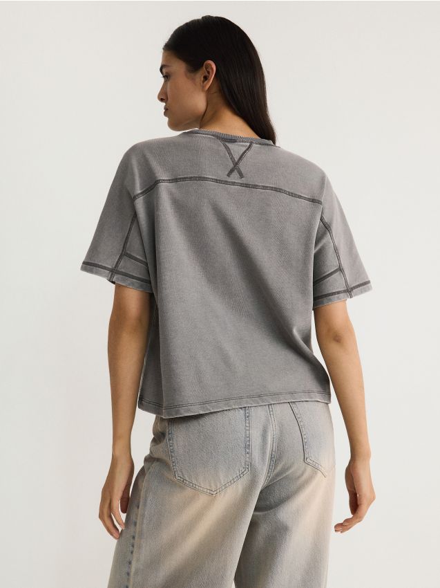 Reserved - tricou tip chimono cusături decorative - gri deschis