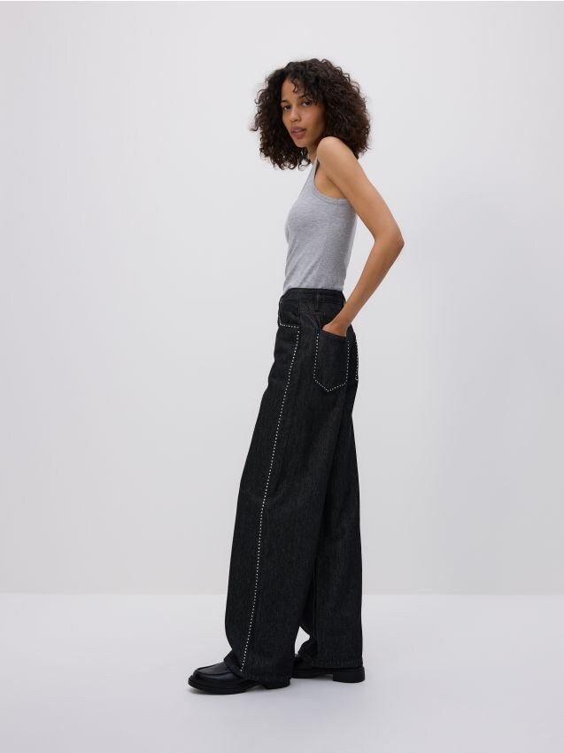 Reserved - Jeansi wide-leg cu aplicații - gri